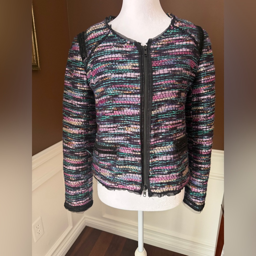Milly Tweed Blazer Multicolor Shimmer Black Trim Zip Cuffs Front Zip Size 6